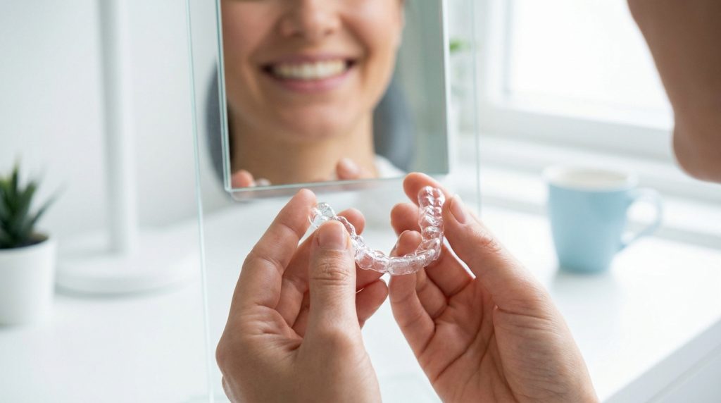 Personne tenant une gouttière dentaire transparente devant un miroir pour aligner ses dents.