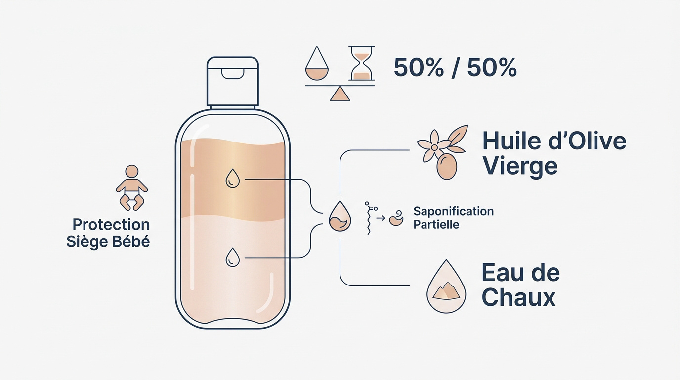 Ingrédients du liniment bébé : huile d'olive et eau de chaux