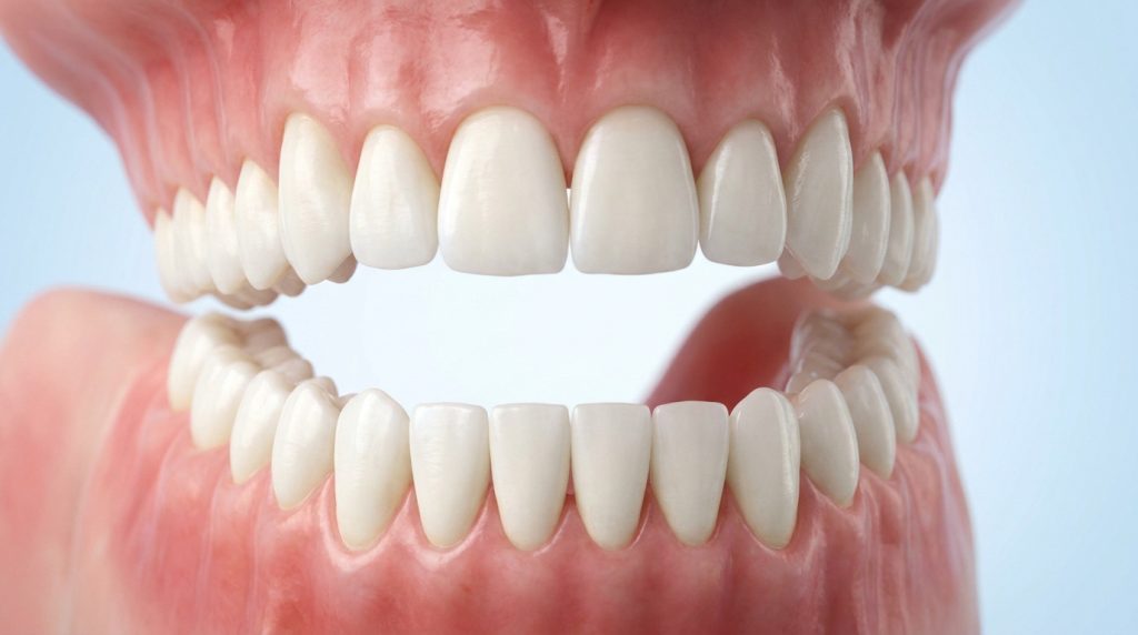 Gros plan sur une mâchoire humaine ouverte montrant les dents supérieures et inférieures alignées sur fond bleu.