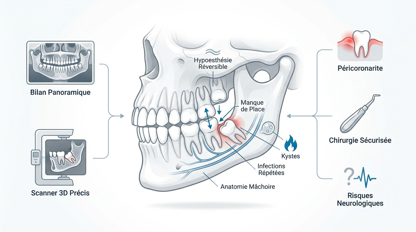 Radiographie panoramique dentaire montrant la position des dents de sagesse avant opération