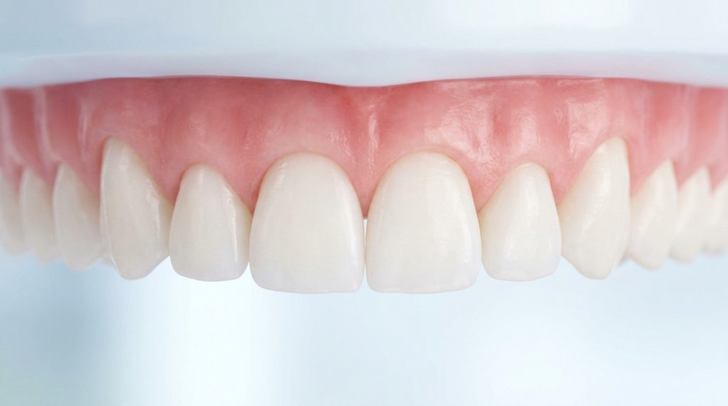 Gros plan sur un modèle dentaire montrant des dents saines avec des gencives bien définies.