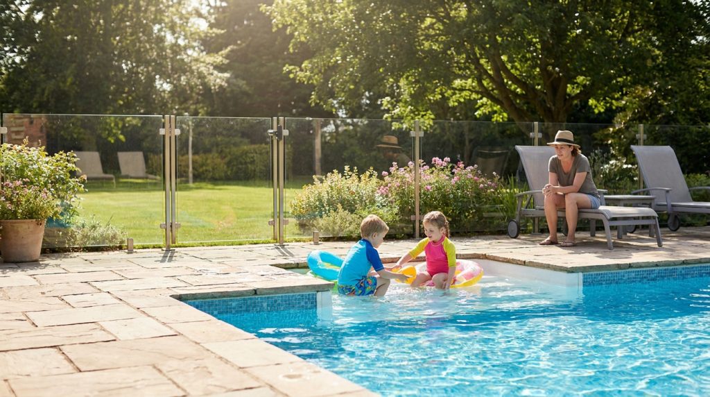 Une mère surveille ses deux jeunes enfants jouant avec des bouées dans une piscine sécurisée par une barrière en verre.