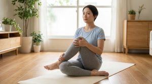 Femme assise sur un tapis de yoga étirant sa jambe pour soulager une sciatique dans un salon lumineux.