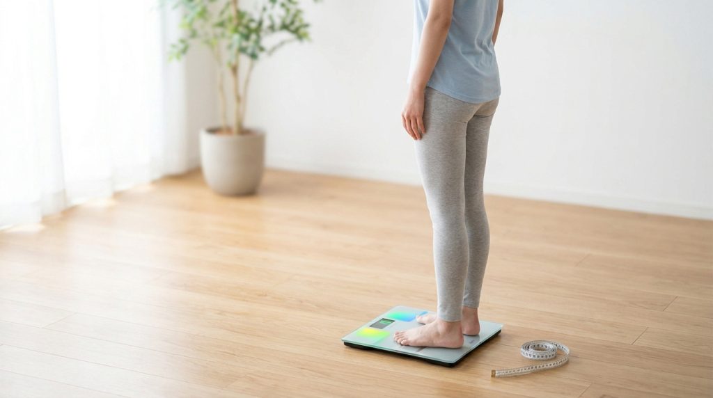 Une personne debout sur une balance électronique intelligente avec un mètre ruban posé au sol.