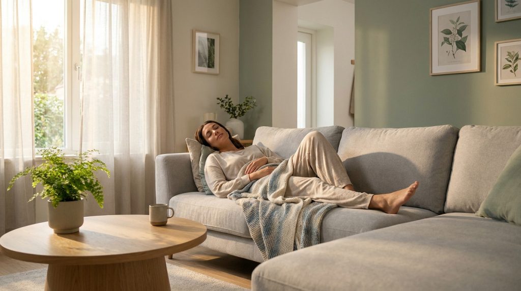 Une femme repose paisiblement sur un canapé confortable dans un salon ensoleillé avec des rideaux légers et une plante verte.
