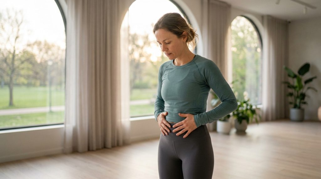 Une femme en tenue de sport garde ses mains sur son bas-ventre dans un studio lumineux.