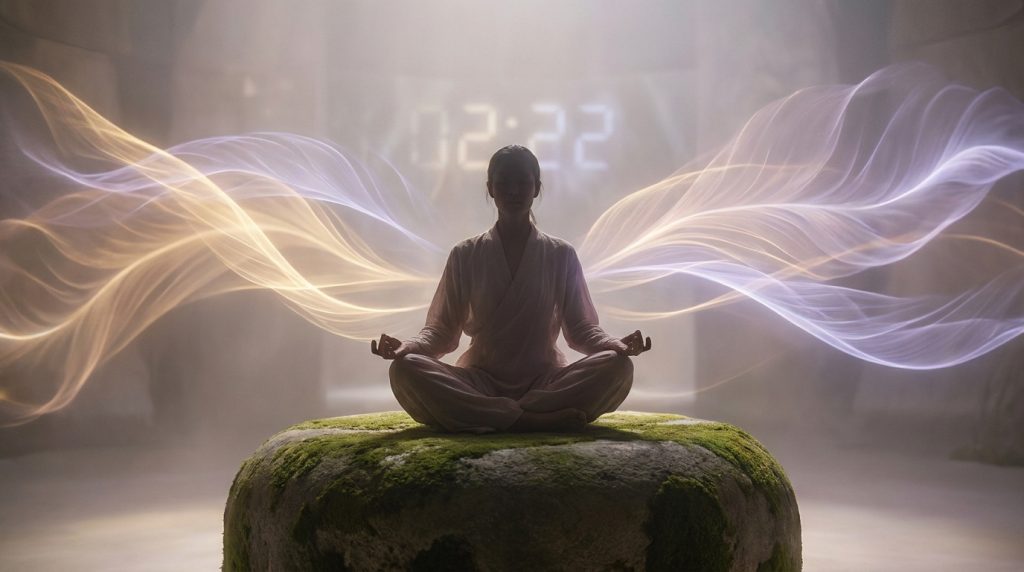 Personne en méditation sur un rocher entourée de volutes lumineuses avec l'heure 02:22 en arrière-plan.