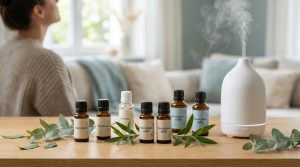 Diffuseur d'huiles essentielles avec flacons d'eucalyptus et ravintsara sur une table en bois.