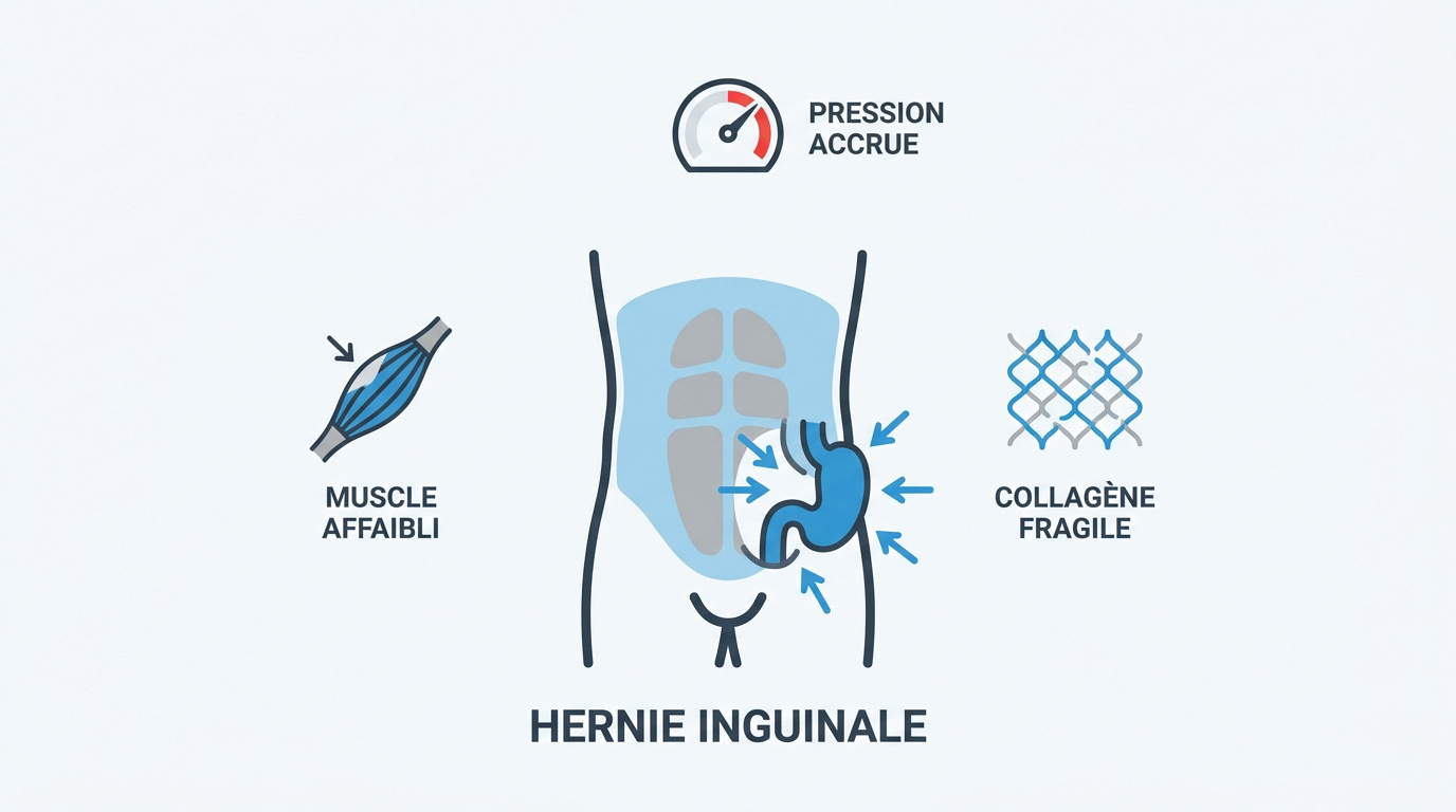 Schéma explicatif d'une hernie inguinale montrant la saillie intestinale à travers la paroi abdominale