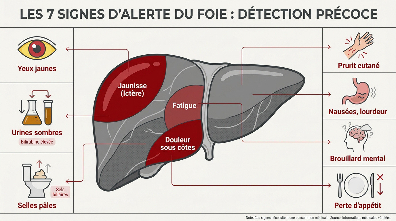 Schéma des 7 signes d'alerte d'un foie malade incluant la jaunisse et la douleur abdominale