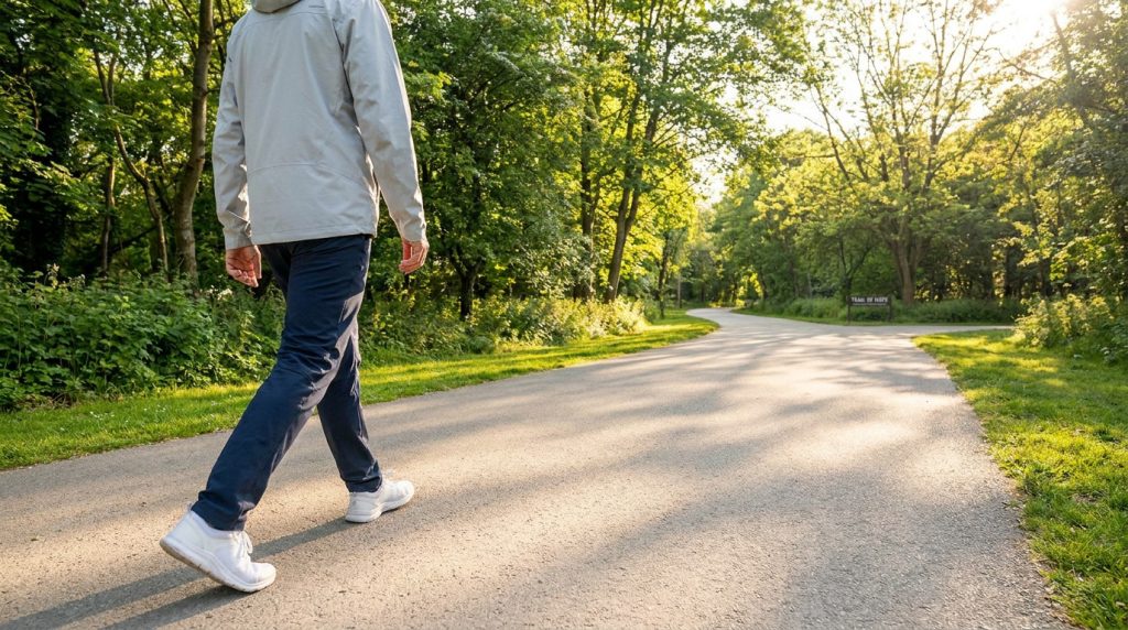 Une personne en vêtements de sport marche sur un sentier ensoleillé en forêt.