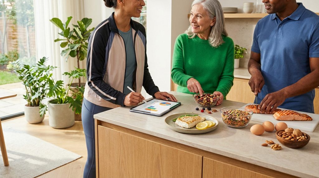 Groupe multigénérationnel planifiant des repas riches en protéines. Une femme utilise une tablette, d'autres préparent saumon, noix et œufs.