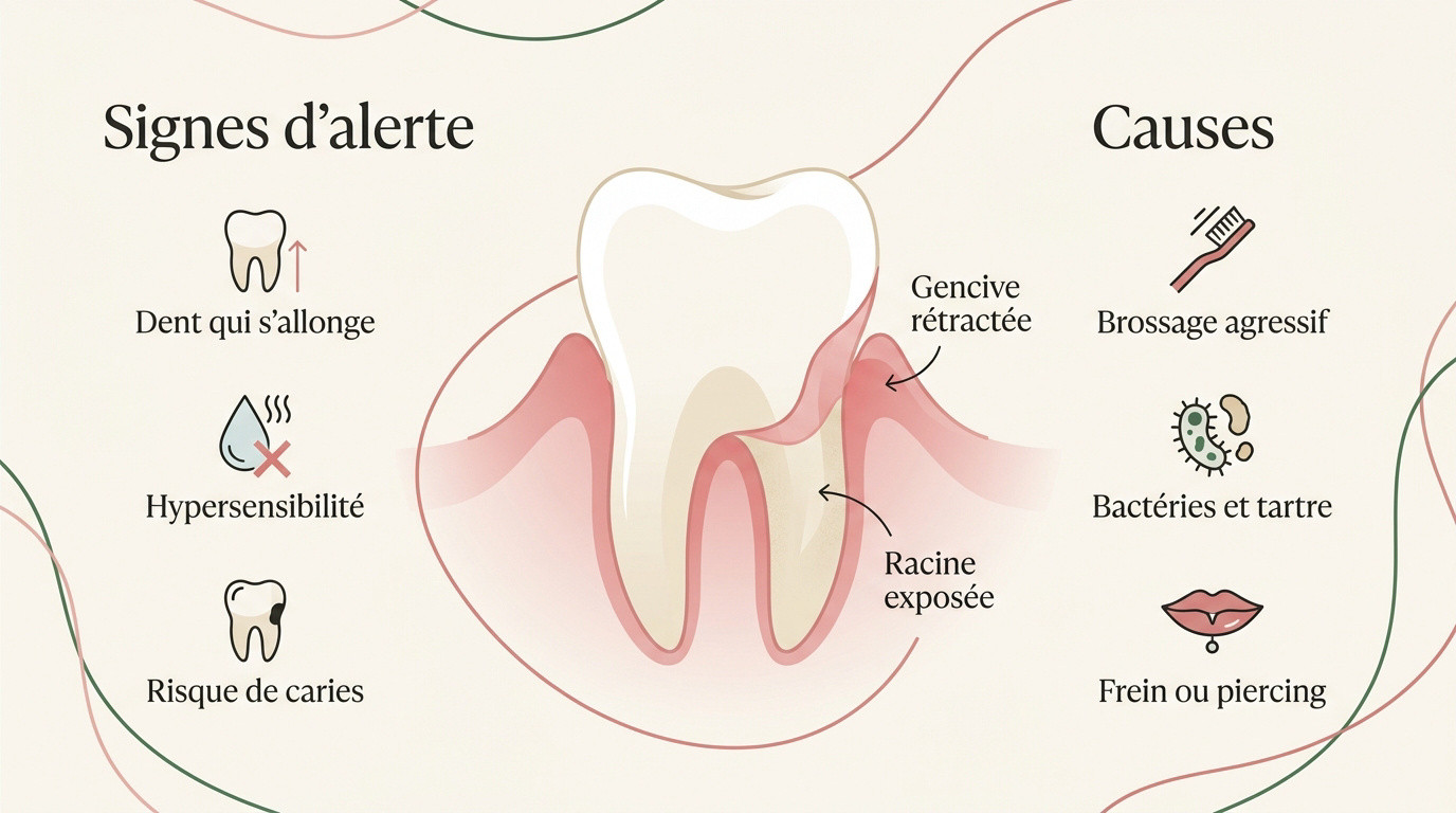 Illustration des signes et des causes de la récession gingivale exposant la racine dentaire