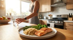 Une assiette avec un filet de saumon grillé, du quinoa et des légumes verts dans une cuisine lumineuse.
