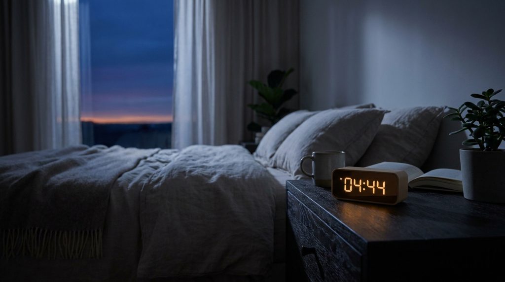 Un réveil numérique affiche 04:44 sur une table de chevet dans une chambre sombre au petit matin.
