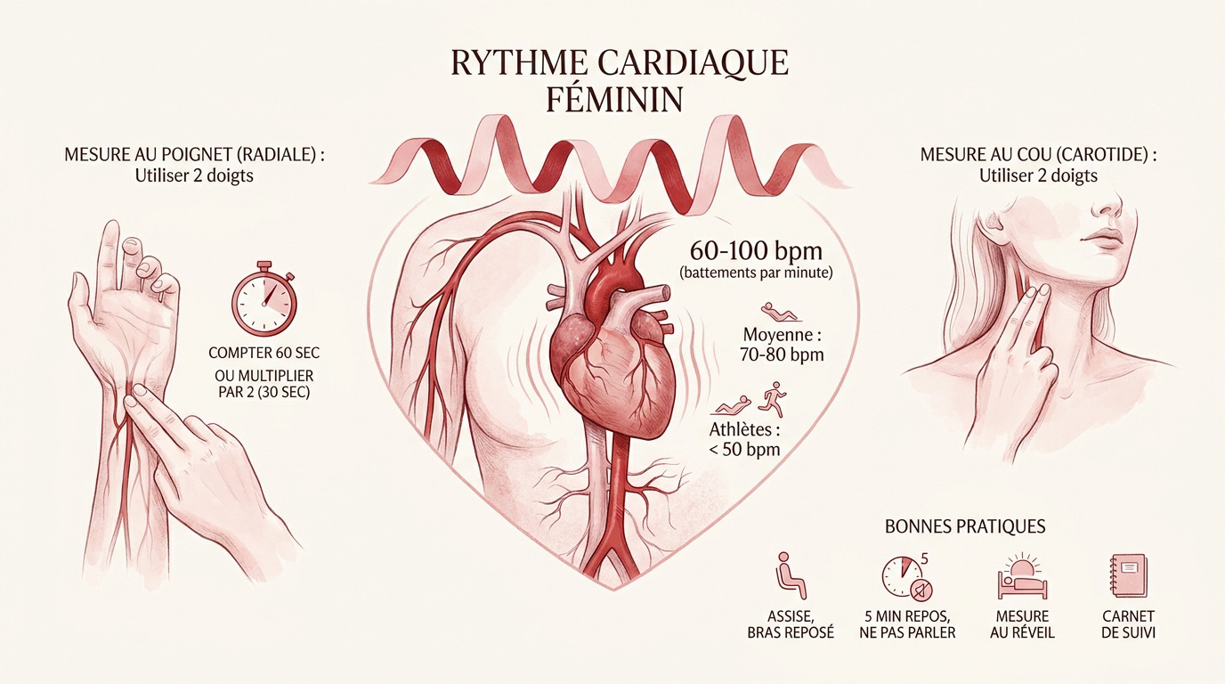Femme mesurant son rythme cardiaque au poignet pour vérifier sa santé cardiovasculaire