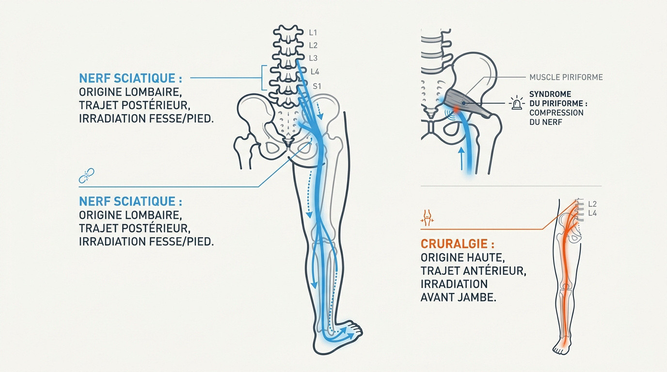 Schéma comparatif des trajets nerveux de la sciatique et de la cruralgie le long de la jambe