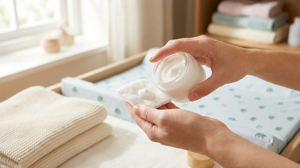 Mains d'un adulte déposant une noisette de liniment blanc sur un coton doux au-dessus d'une table à langer.