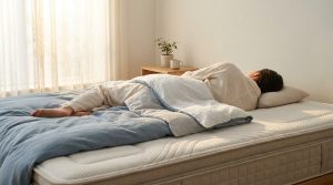 Une personne dort paisiblement sur un matelas confortable dans une chambre lumineuse et minimaliste.