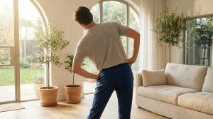 Un homme effectue un étirement latéral du dos dans un salon lumineux pour soulager ses douleurs lombaires.