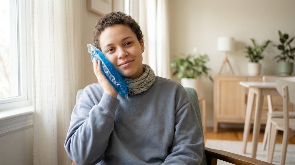 Une personne assise dans un salon applique une poche de glace bleue sur sa joue pour soulager la douleur.