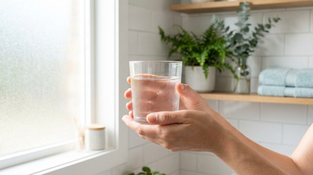 Gros plan sur deux mains tenant un verre d'eau clair dans une salle de bain lumineuse.