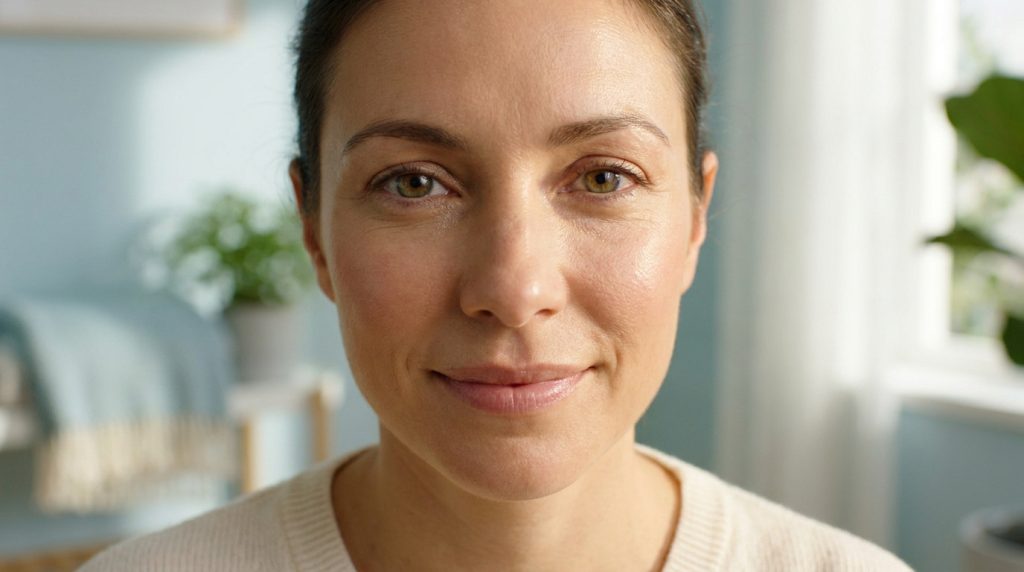 Gros plan sur le visage d'une femme souriante à la peau naturelle et nette, dans un intérieur lumineux.