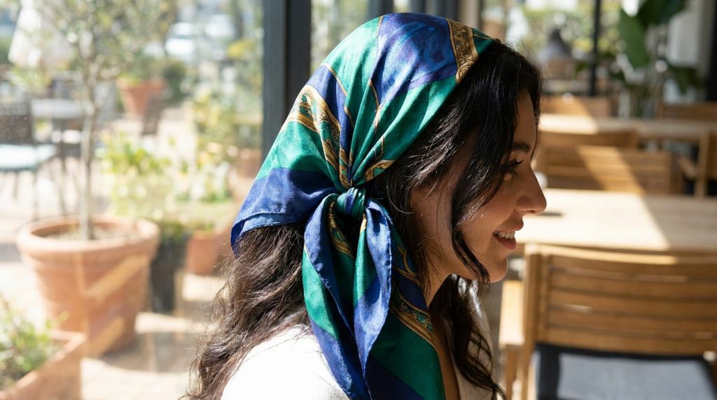 Profil d'une femme souriante portant un foulard en soie coloré noué sur ses cheveux bruns dans un café.