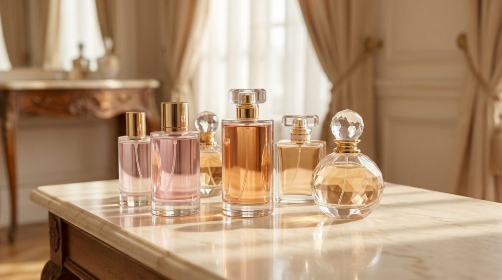 Six flacons de parfum de luxe de formes différentes alignés sur une table en marbre dans une pièce lumineuse.