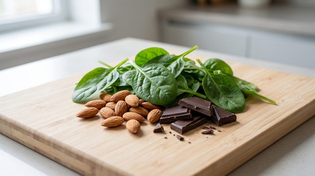 Épinards frais, amandes et carrés de chocolat noir disposés sur une planche à découper en bois dans une cuisine.