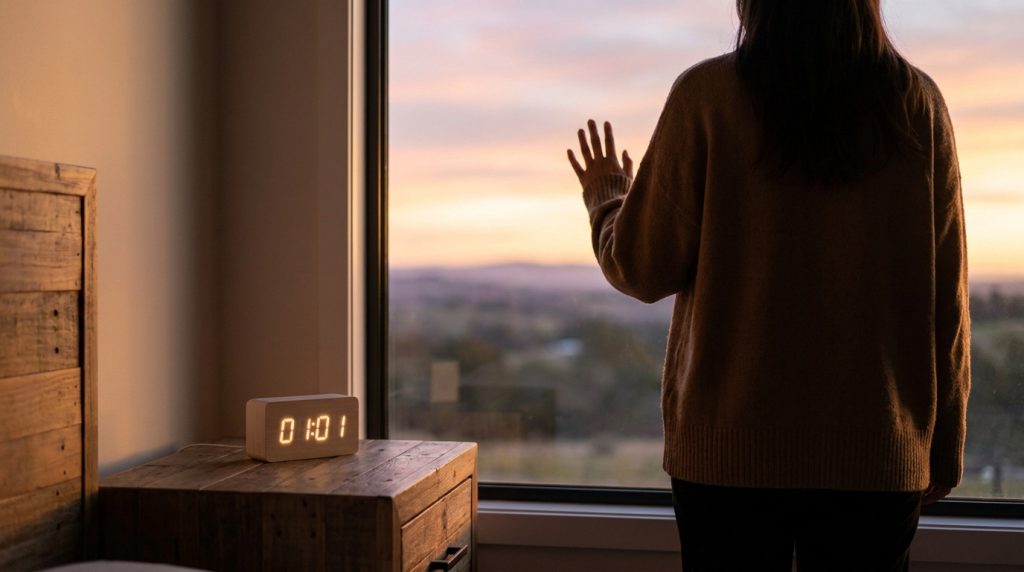 Une femme regarde par la fenêtre au coucher du soleil à côté d'une horloge numérique affichant 01h01.