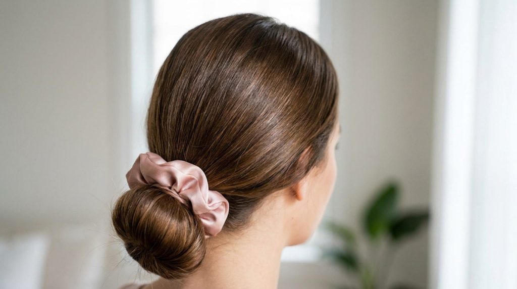 Vue arrière d'une femme avec un chouchou en satin rose poudré retenant un chignon bas élégant et brillant.