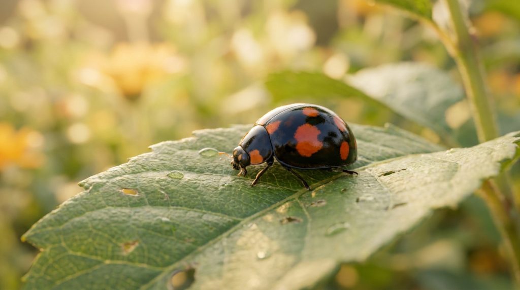 Une coccinelle noire à points orange posée sur une feuille verte humide sous une lumière douce de fin de journée.