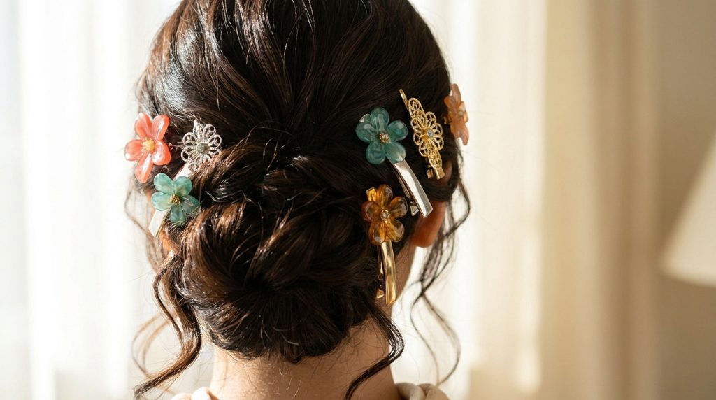 Coiffure en chignon ornée de plusieurs pinces à cheveux en forme de fleurs colorées et de motifs ajourés.