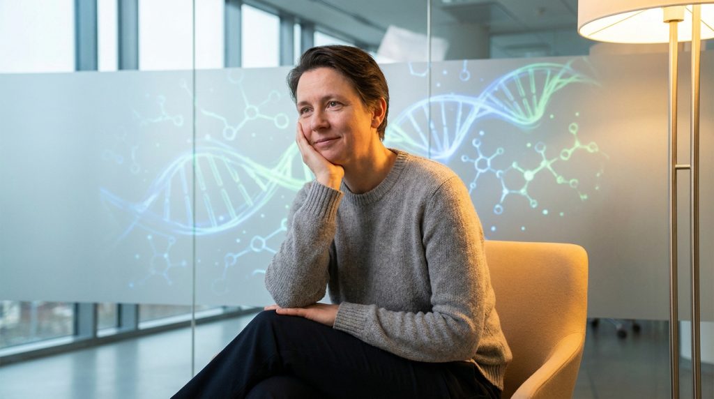 Une femme pensive assise devant une vitre ornée d'illustrations graphiques de brins d'ADN et de molécules.