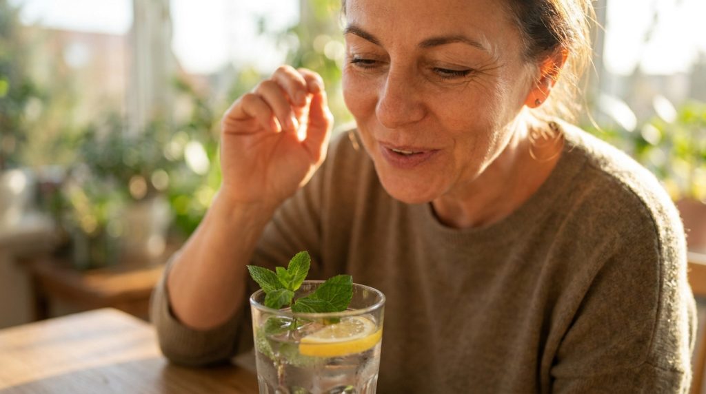 Une femme souriante regarde un verre d'eau infusée avec une rondelle de citron et de la menthe fraîche.