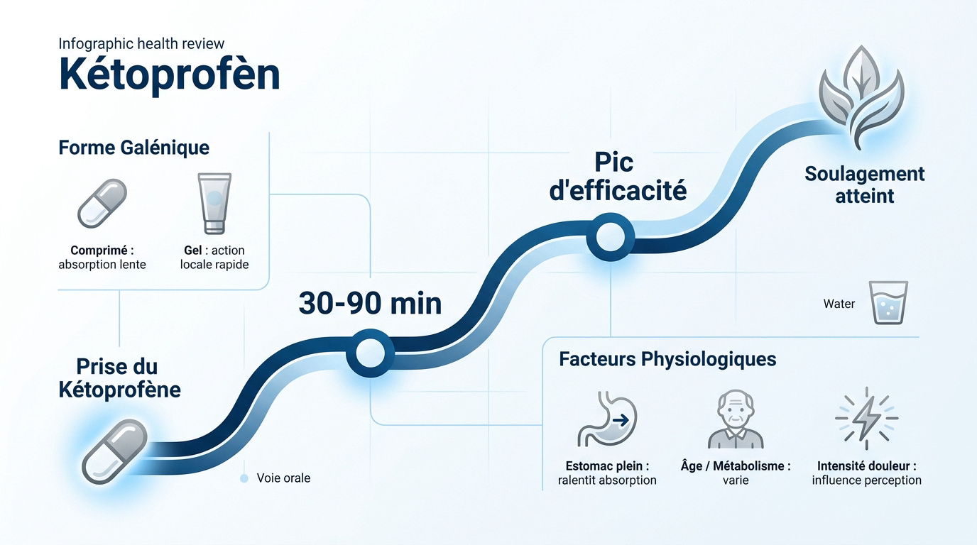 Infographie sur le délai d'action du kétoprofène et les facteurs d'absorption