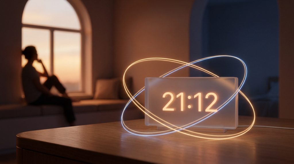 Horloge numérique affichant 21:12 avec des anneaux lumineux abstraits sur une table, silhouette d'une personne à la fenêtre.