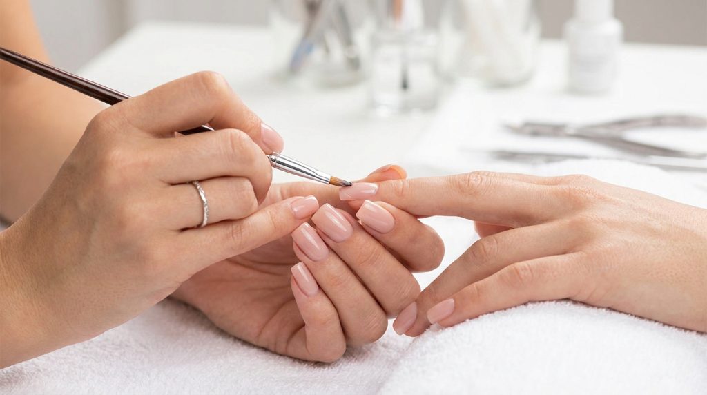 Une prothésiste ongulaire applique du vernis rose pâle sur des ongles carrés avec précision.