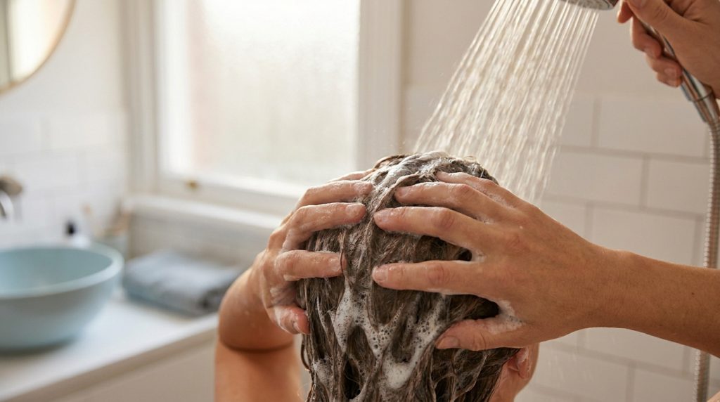 Personne se rinçant les cheveux sous la douche avec un shampoing traitant.