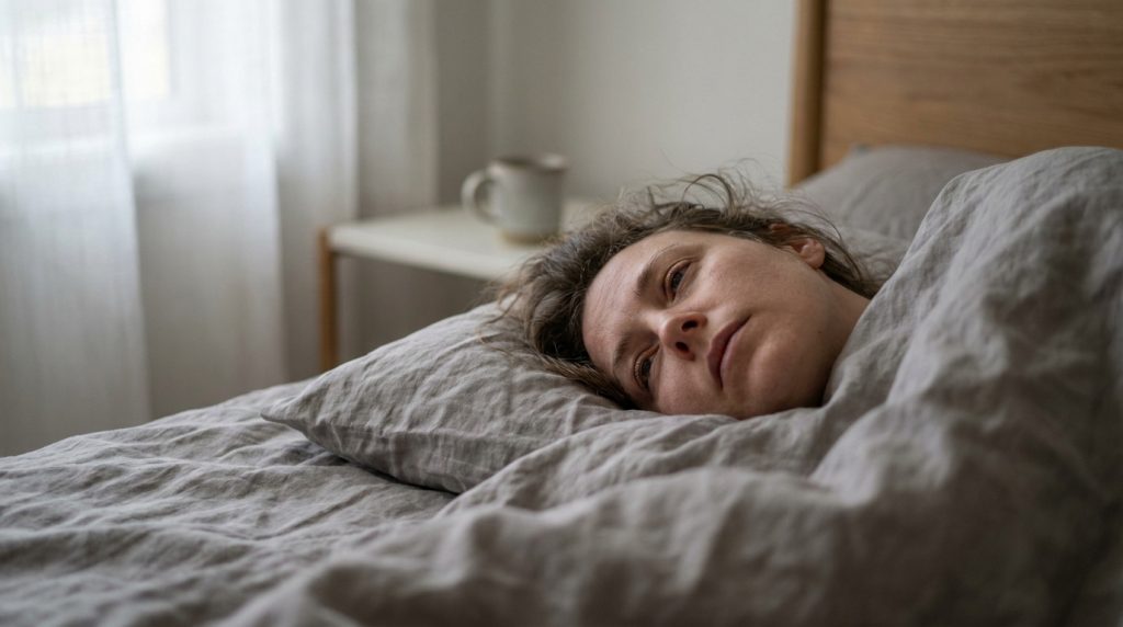 Une femme allongée dans son lit avec un regard fatigué, illustrant les troubles du sommeil.