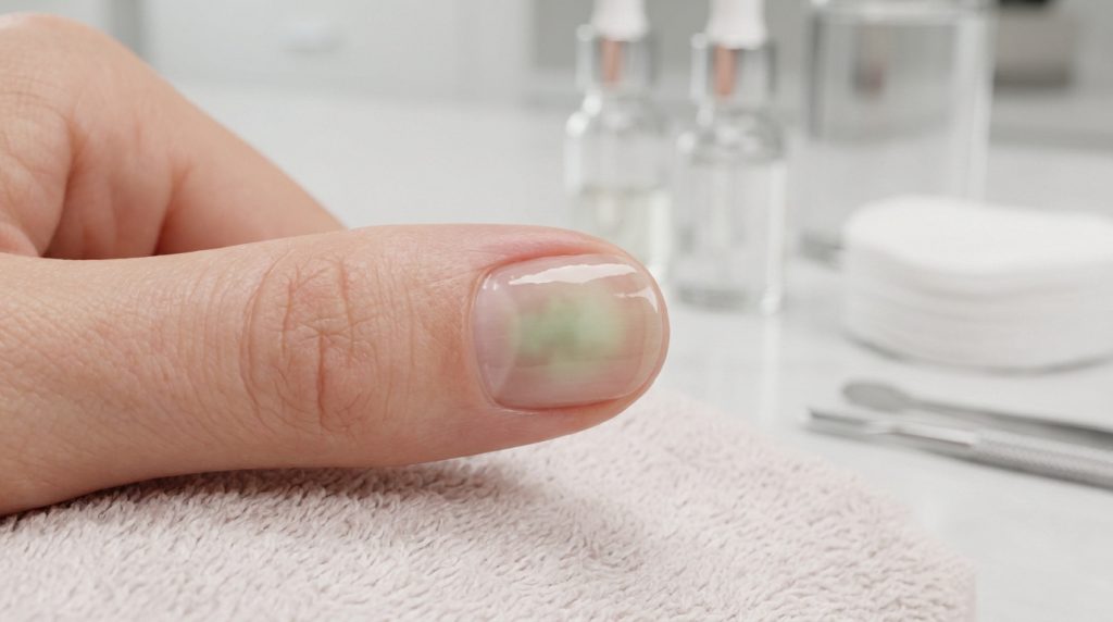 Gros plan sur un pouce avec une tache verte sous l'ongle indiquant une infiltration d'humidité ou une mycose.