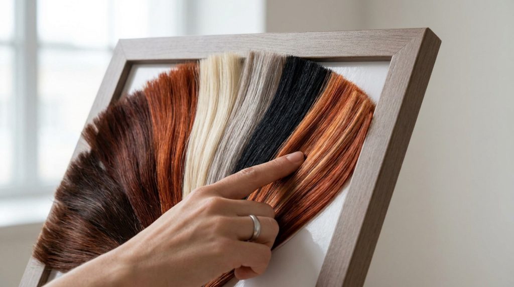 Main pointant une mèche sur un nuancier de couleurs de cheveux encadré.