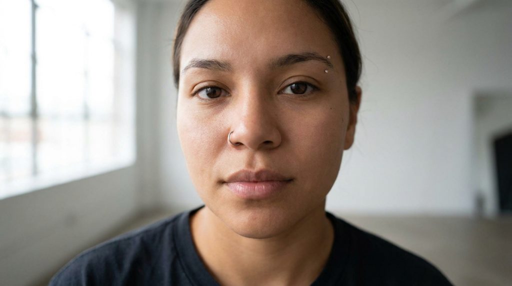 Gros plan sur le visage d'une femme portant un piercing au sourcil et un anneau au nez dans une pièce lumineuse.