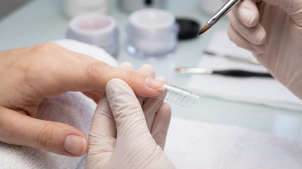 Prothésiste ongulaire posant un chablon sous un ongle naturel pour une extension de manucure.