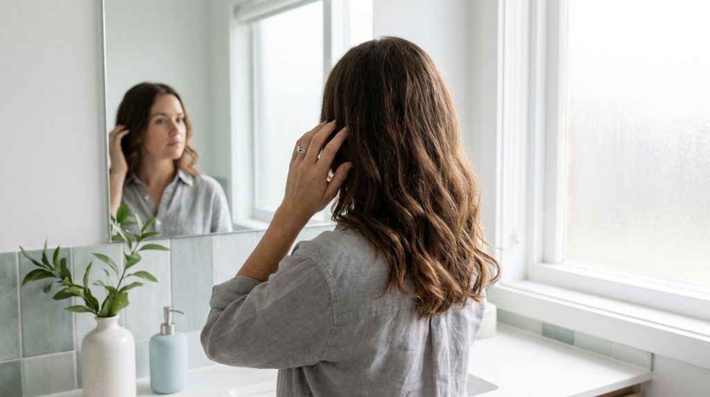Femme se regardant dans le miroir et touchant ses cheveux pour examiner son cuir chevelu dans une salle de bain lumineuse.