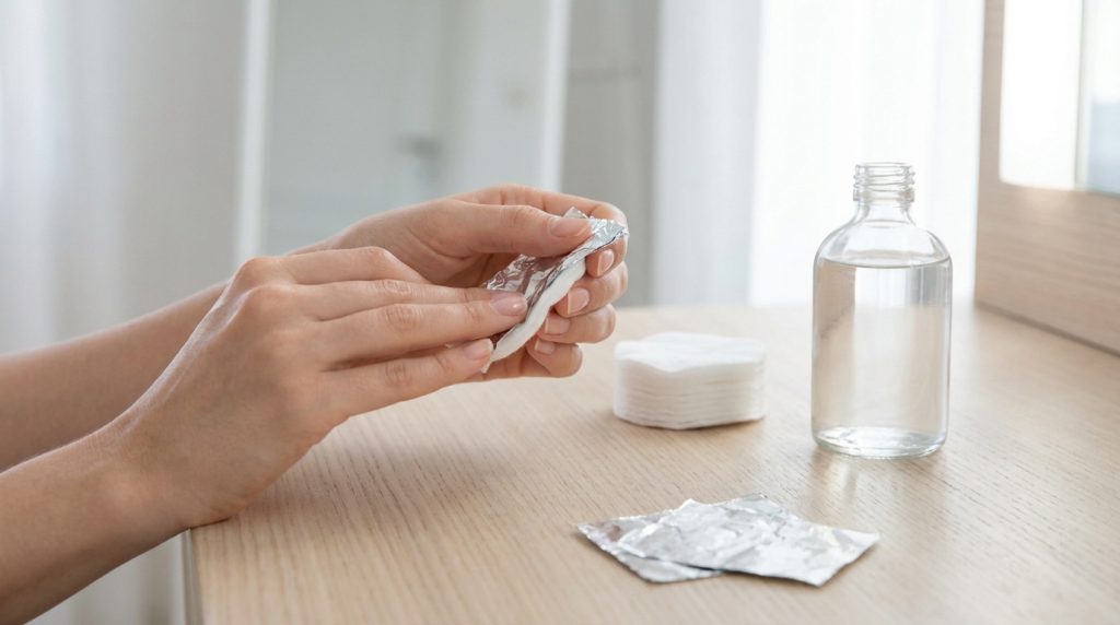 Mains tenant un coton imbibé d'acétone et entouré d'aluminium pour retirer du vernis à ongles.