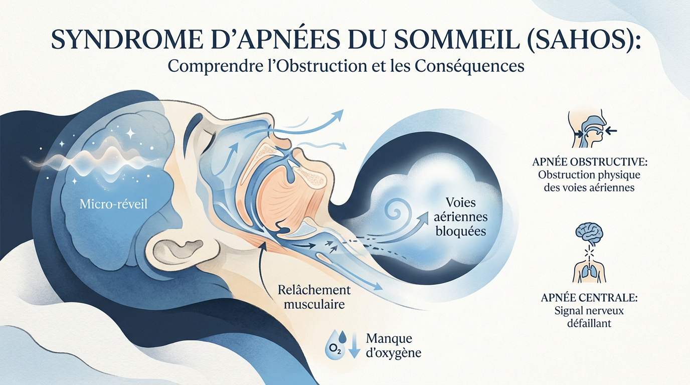 Schéma médical expliquant l'obstruction des voies aériennes et l'hypoxie nocturne dans le cadre du SAHOS