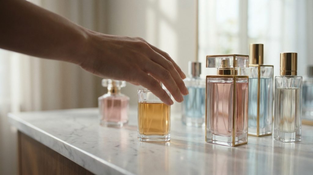Une main choisit un parfum parmi plusieurs flacons sur une coiffeuse en marbre.