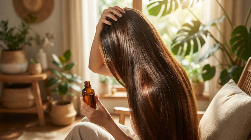 Une femme aux cheveux longs et brillants tenant une bouteille d'huile végétale dans un intérieur chaleureux et végétal.